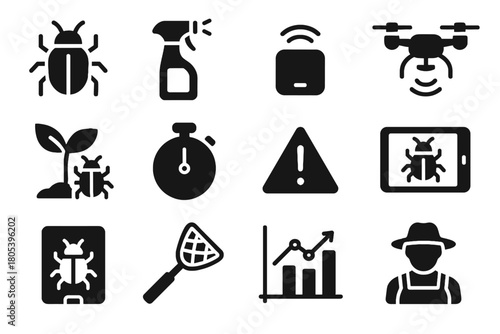 Insect spray control icon pest trap warning crop tablet analytics vector farmer