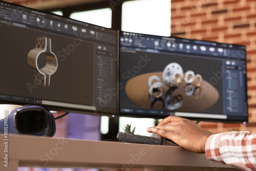 Obraz na plátně Black engineer focused on digital prototyping and 3D simulation of construction components