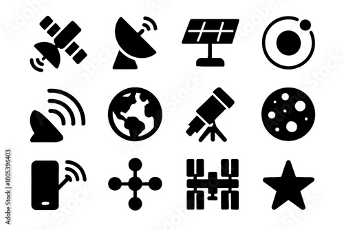 Set moon vector icon satellite antenna communication orbit earth dish transmission