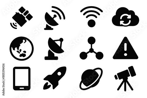 Signal node antenna icons waves tablet space icon vector path rocket communication