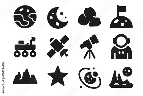Orbit astronaut star path planet rock telescope vector icon satellite alien landscape