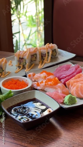 Woman Hand With Chopsticks Dipping Sushi Roll into Soy Sauce. Close Up. Girl eating sushi with salmon on outdoor terrace of Japanese restaurant