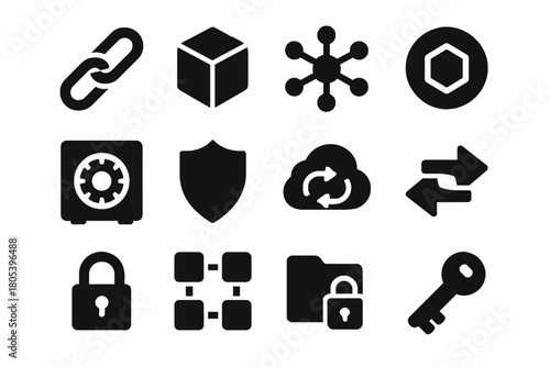 Secure link blockchain structure vector key chain node icon tools arrows sync