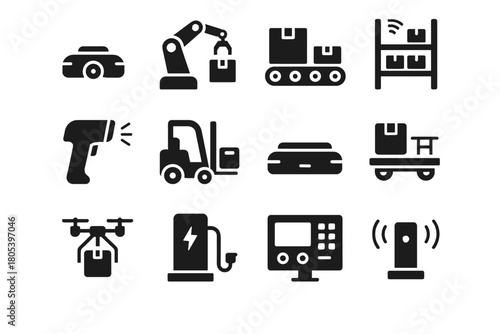 Rack autonomous inventory smart sensor barcode storage picking robotics transporter icon vector