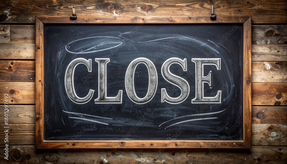 Fototapeta premium 長く使い込まれた黒板の摩耗した質感に、チョークの粉感が柔らかく広がる背景です。 手書き風のCLOSE文字が味わいを生み、レトロショップやカフェの雰囲気を想起させます。