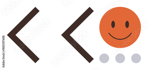 Chevron arrows pointing left, bold orange smiling face, and three gray dots below. Ideal for navigation, positivity, direction, motivation, user experience, simplicity and visual focus as a simple