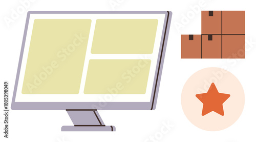 Monitor displaying an organized layout, stack of product boxes, and a prominent star rating badge. Ideal for e-commerce, inventory, online shopping, feedback system, product management, logistics