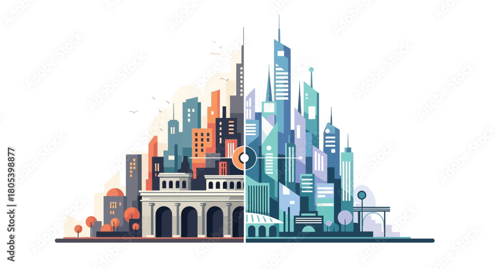 Obraz premium Geometric Fusion of Past and Future City Blocks