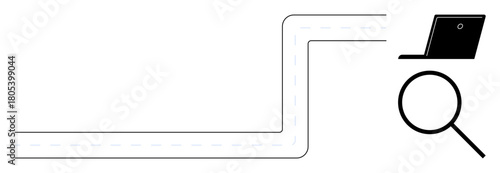 Magnifying glass tracing a curved line leading to a laptop, conveying search, progress, or navigation. Ideal for analytics, research, technology, data flow, strategy progress mapping simple journey