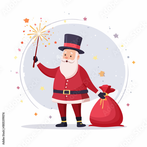 Playful Santa Claus Magician with Top Hat and Wand Conjuring Gifts