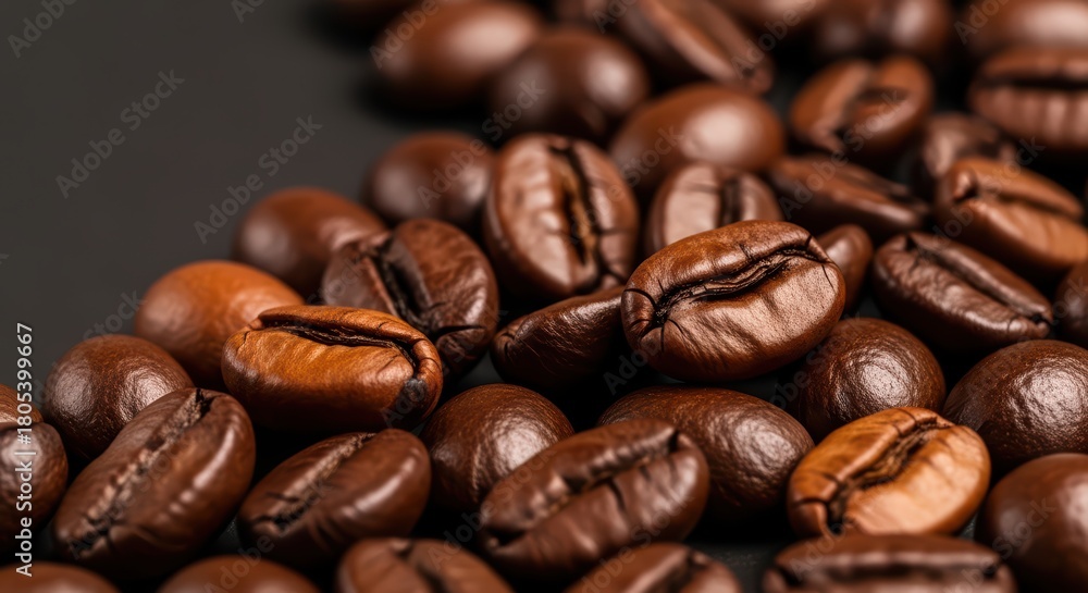 Fototapeta premium Close-up of fresh roasted coffee beans on dark surface