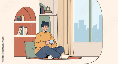 Modern Living Room with Person Relaxing on Sofa Illustration