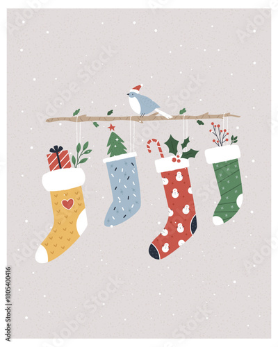 Hanging Christmas Stockings with Bird and Gifts: Cozy Holiday Winter Seasonal Illustration.