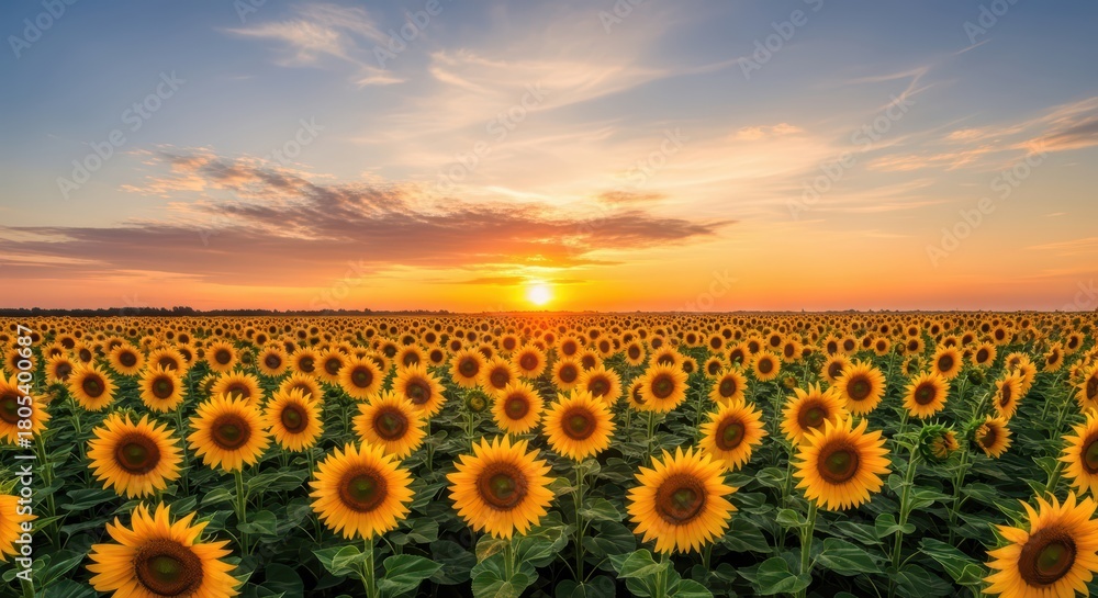 Fototapeta premium Vibrant sunflower field illuminated by warm sunset sky in rural landscape