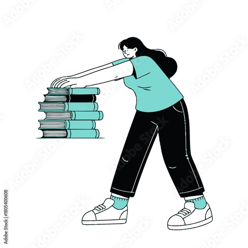 A woman arranging a tall stack of books. Minimalist line art illustration for education and studying concepts. Vector character isolated on a white background.