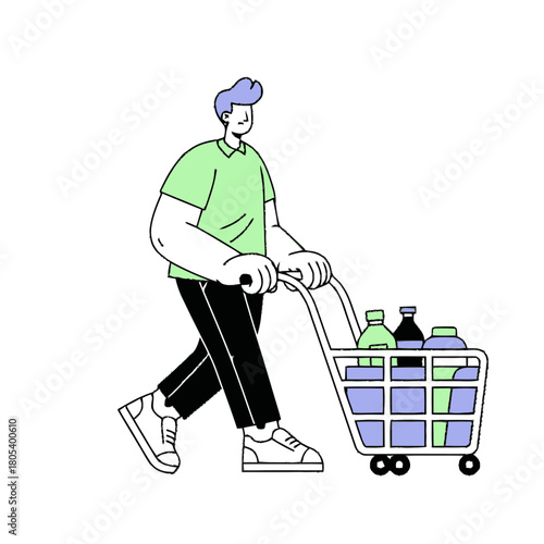 Man pushing a shopping cart with products. Minimalist flat design vector illustration. Customer shopping in a supermarket concept