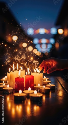Candles lighting on the eve of Immaculate Conception, Blessed Virgin Mary celebration, spiritual twilight gathering, sacred Colombian eve of Feast.