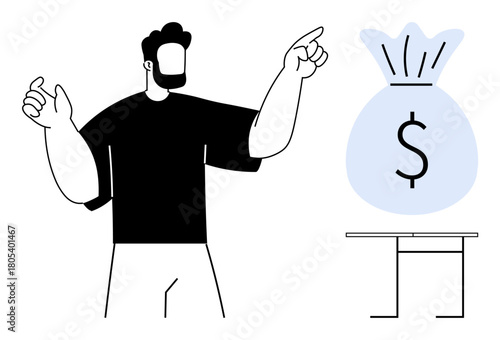 Man gestures towards a money bag placed on a table, symbolizing wealth, financial planning, budgeting, profit, investment, success, and decision-making. Ideal for finance business banking strategy