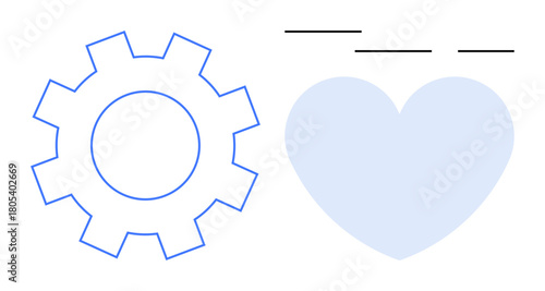 Gear and heart side by side with minimalist lines above, conveying a balance of efficiency and emotion. Ideal for teamwork, collaboration, technology, balance, unity, innovation productivity. Simple