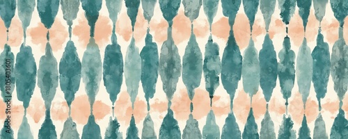 Seamless watercolor ikat pattern. Abstract design in teal and peach colors on a cream background. Textile repeat for fabric wallpaper art. Elegant ethnic style.