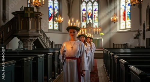 Young maidens celebrating Saint Lucia Day in a sacred church, walking reverently with lit candles and evergreen wreaths, honoring the Christian patron.