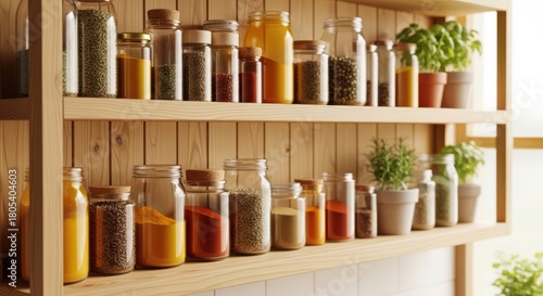 Fototapeta Naklejka Na Ścianę i Meble -  Assorted spices and fresh herbs on wooden kitchen shelves