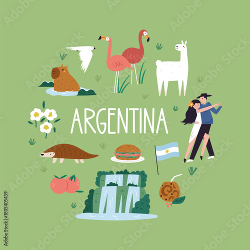 Argentina Vector Illustration. Cute Cultural, Animal & Landmark Icons