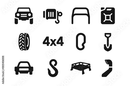 Off-road adventure: essential icons for 4x4 vehicles and equipment