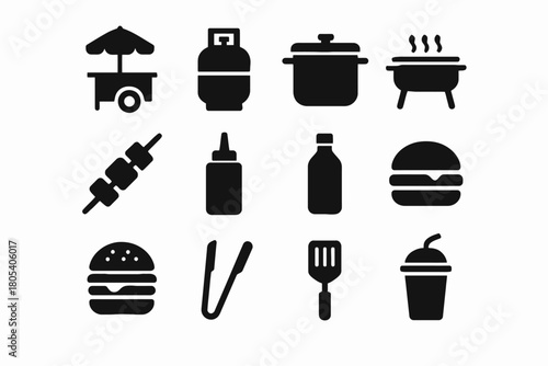 Outdoor cooking icons: grill, utensils, burger, beverage silhouettes