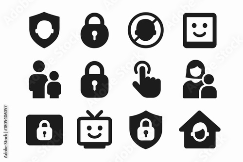 Black security and family icons set on white background