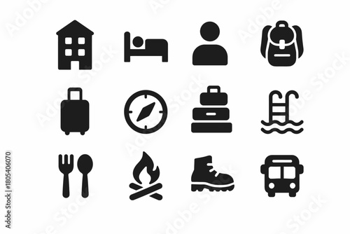 Travel and outdoor activity icons: camping, hiking, and transportation symbols collection