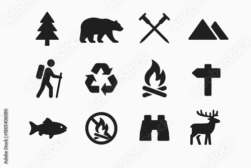 Outdoor adventure icons: hiking, camping, wildlife, and environment symbols