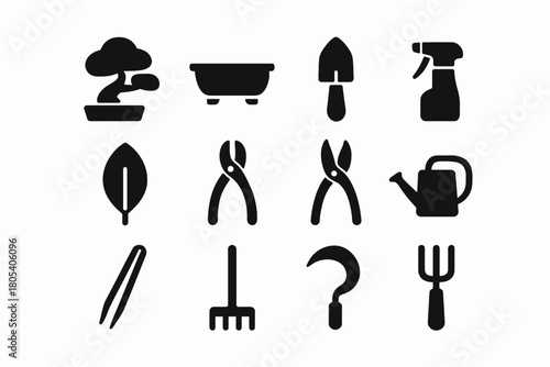 Silhouette icons of bonsai, gardening tools, and plant care items in black