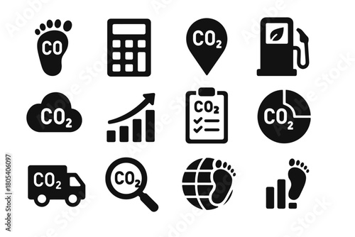 Carbon footprint and co2 emissions icons collection with various symbols