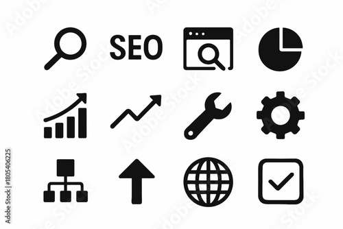 Seo and analytics icons: search, tools, graphs, and charts