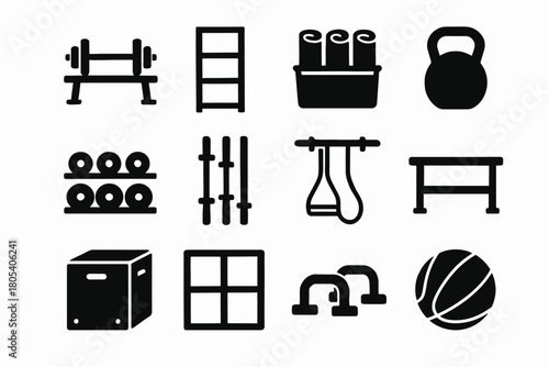 Gym equipment icons: weights, kettlebell, bars, rings, plyo box, medicine ball