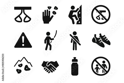Rock climbing icons: safety, equipment, and techniques in black glyph design