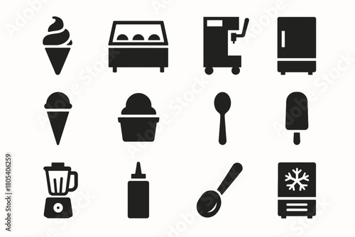Ice cream icons set: cones, machine, freezer, blender, scoop, spoon, sauce bottle