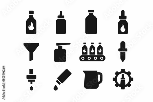 Set of black liquid bottle icons with bottle and dropper designs