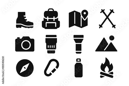 Hiking and camping icons: boots, backpack, map, camera, and more for adventure