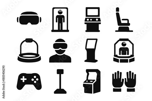 Virtual reality icons set: gadgets and gaming equipment silhouettes