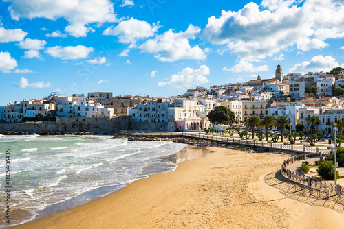 Fototapeta Naklejka Na Ścianę i Meble -  Scenic view of Vieste, a charming seaside town on Italy’s Gargano Peninsula, with sandy beach and whitewashed houses, Apulia, Italy