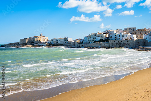 Fototapeta Naklejka Na Ścianę i Meble -  Scenic view of Vieste, a charming seaside town on Italy’s Gargano Peninsula, with sandy beach and whitewashed houses, Apulia, Italy