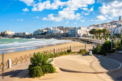 Fototapeta Naklejka Na Ścianę i Meble -  Scenic view of Vieste, a charming seaside town on Italy’s Gargano Peninsula, with sandy beach and whitewashed houses, Apulia, Italy