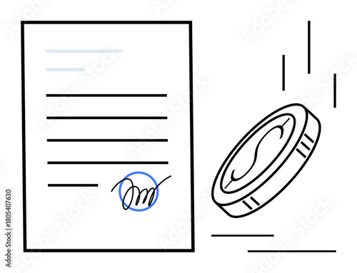 Document with signature and falling coin signifying financial transactions, contracts, approval, trade, funding, partnerships, or investment. Ideal for business law and economics. Simple flat