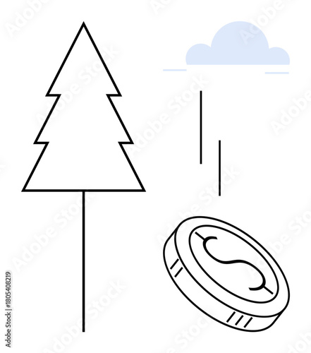 Minimal line art showing a tree, coin, and cloud conveying economic sustainability and environmental balance. Ideal for nature, finance, economy, ecology, environment, conservation growth simple