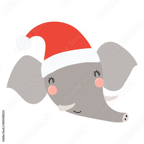 Elephant in a Santa Claus hat isolated on transparent. Hand drawn flat vector...