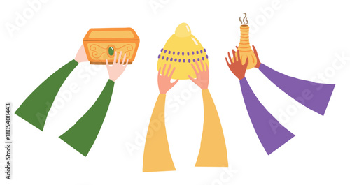 Three kings hands with gifts of frankincense, myrrh, gold isolated on transparent background. Hand drawn flat vector illustration. Epiphany, Three Kings Day, Christmas design element, holiday clip art