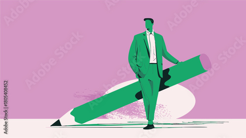 Businessman in a suit holding a large pencil