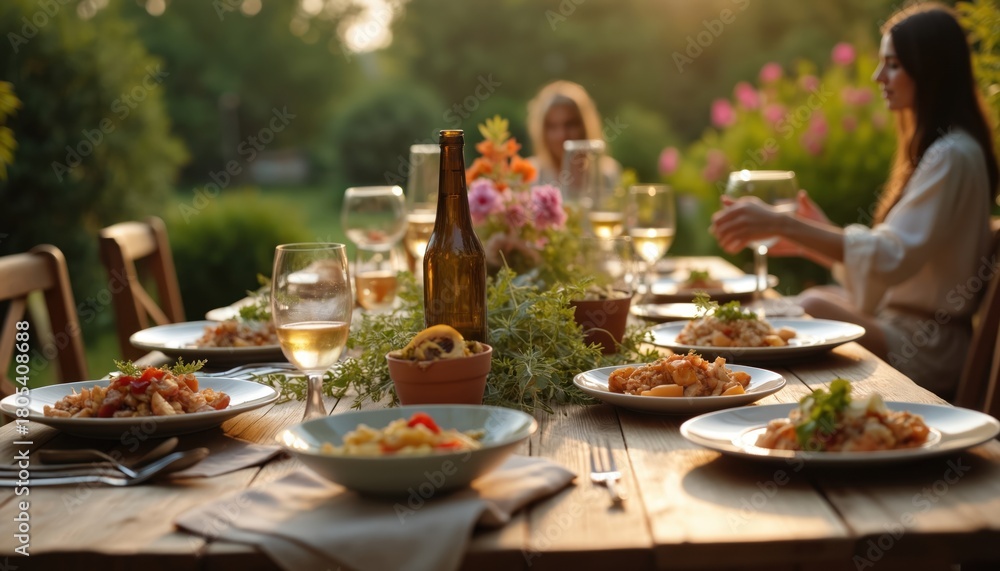 Fototapeta premium Outdoor dinner party with wine served on wooden table in summer backyard. Celebration in Napa valley farm among friends, relatives and diverse people together at sunset. Food served on plates.